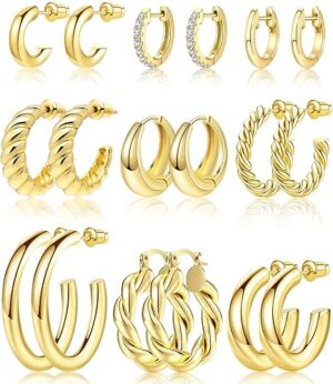 9 Pairs Gold Hoop Earrings Set